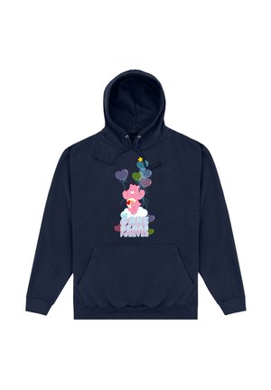 Granatowa bluza z kapturem z centralnym grafiką różowego misia trzymającego balony, z kolorowymi chmurkami w tle i napisem "MISIE OPIEKUNY NA ZAWSZE."