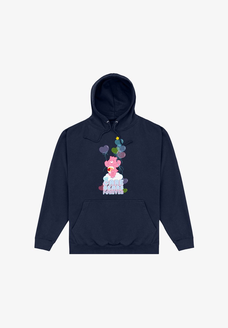 Granatowa bluza z kapturem z centralnym grafiką różowego misia trzymającego balony, z kolorowymi chmurkami w tle i napisem "MISIE OPIEKUNY NA ZAWSZE."