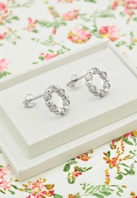 Silverfärgade klämborrar i cirkulär design, med växelvis parkerade och texturerade pärlor, visade på en vit låda med blommig bakgrund.