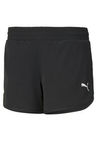 Schwarze Sportshorts mit einem elastischen Bund, versehen mit einem weißen Puma-Logo auf der unteren rechten Seite und aus leichtem Material gefertigt.