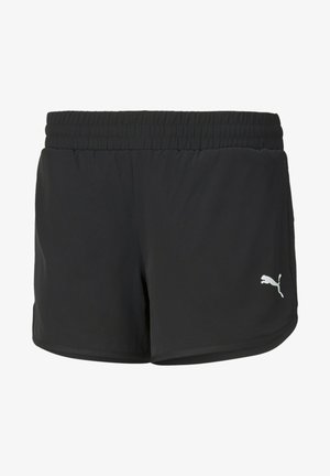 Bermudas deportivas negras con una cinturilla elástica, que presentan un logo blanco de Puma en la parte inferior derecha y están confeccionadas con un material ligero.