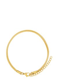 Gold-colored chain bracelet with a twisted design, featuring a secure clasp and adjustable length with an additional chain link.