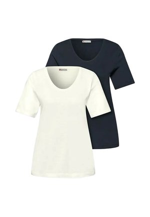 Twee effen t-shirts met korte mouwen en ronde hals, één witte vooraan en één zwarte achteraan, getoond op een witte achtergrond.