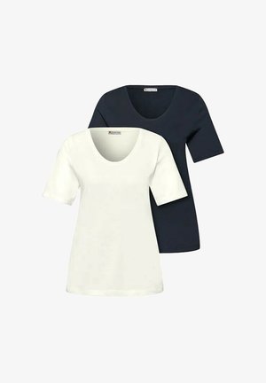 Twee effen t-shirts met korte mouwen en ronde hals, één witte vooraan en één zwarte achteraan, getoond op een witte achtergrond.