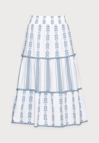 Valkoinen midi-hame, jossa on sinisiä pystysuuntaisia tribaalimuotoilun ja raitakuosisia malleja, kerroksittain, joustava vyötärö ja sinistä fringetrimiä jokaisessa kerroksessa.