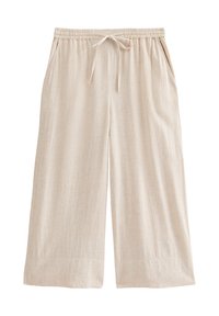 Beige linnen culottes met een elastische tailleband, verstelbaar trekkoord, zijzakken en een ontspannen wijduitlopende pasvorm.