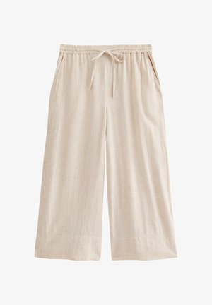Beige linen culottes with an elastic waistband, adjustable drawstring, side pockets, and a relaxed wide-leg silhouette.