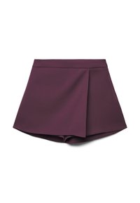 Skort viola a vita alta con un pannello anteriore avvolgente e una cintura su misura, mostrato piatto su uno sfondo bianco.