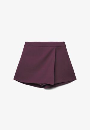 Jupe-culotte violette taille haute avec un panneau avant drapé et une ceinture ajustée, exposée à plat sur un fond blanc.