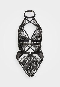 Conjunto de bikini de encaje negro con diseño de cuello halter, tirantes cruzados y detalles circulares dorados. Destacan los patrones florales y la textura translúcida.
