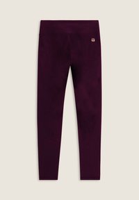 Leggings bordeaux in tessuto elasticizzato, con vita alta e una piccola etichetta logo sul retro, texture liscia e design a tutta lunghezza.