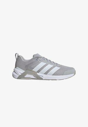 Sportschoenen met een lichtgrijze mesh bovenkant, een wit drie-strepen logo en grijze accenten. Beschikt over een stevige witte zool met textuur voor grip.