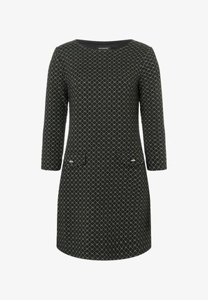 Czarna sukienka do kolan z rękawami do łokcia, wzorem diamentowym, zaokrąglonym dekoltem i dwoma kieszeniami na klapę z srebrnymi guzikami na biodrach.