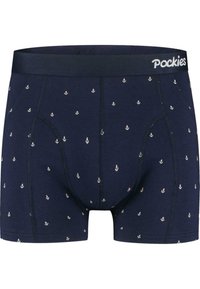 Boxeri bleumarin din bumbac moale; au un model cu ancore albe mici, un elastic solid și un design ajustat cu cusături plate.