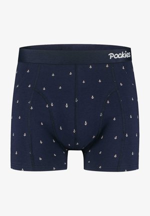 Temno modri bokserji, izdelani iz mehke bombažne tkanine; krasijo jih majhni beli vzorci sidra, enotna elastika in prilegajoča zasnova z ravno zasnovanimi šivi.