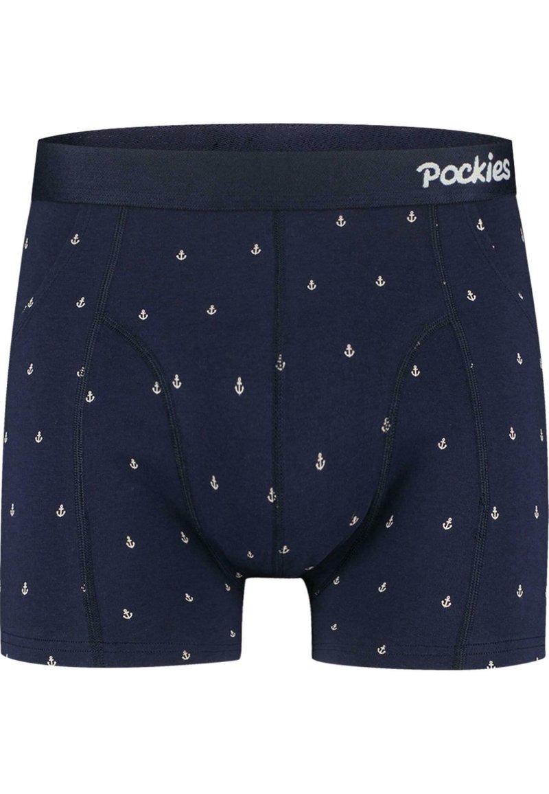 Boxeri bleumarin din bumbac moale; au un model cu ancore albe mici, un elastic solid și un design ajustat cu cusături plate.