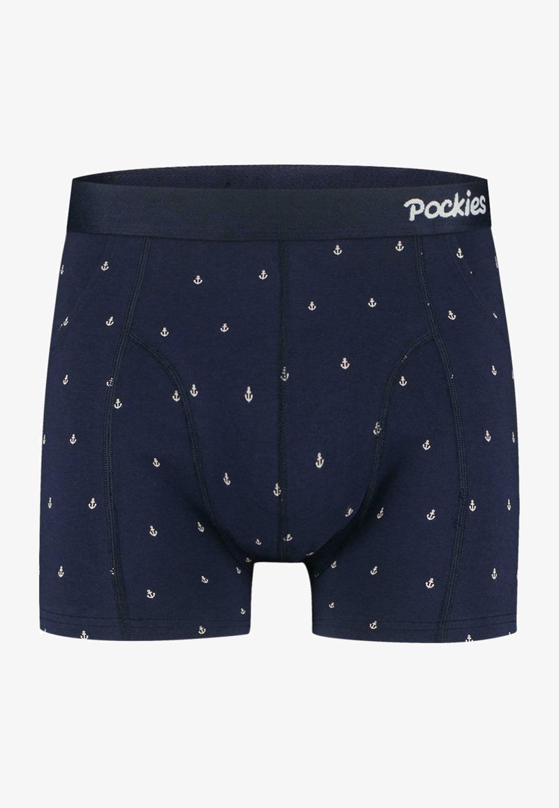 Temno modri bokserji, izdelani iz mehke bombažne tkanine; krasijo jih majhni beli vzorci sidra, enotna elastika in prilegajoča zasnova z ravno zasnovanimi šivi.