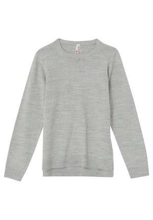 Lysegrå langærmet striktrøje med rund halsudskæring og ribkant ved ærmer og kant.