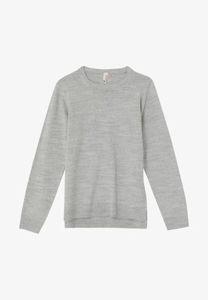 Jasnoszary sweter dziany z długim rękawem, okrągłym dekoltem i prążkowanymi mankietami oraz dołem.