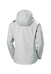 Light gray waterproof jacket with a hood, featuring a smooth texture, elastic cuffs, and a logo on the left shoulder. Back view shown.