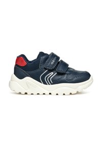 Scarpa da atleta navy in materiali in pelle e rete, con doppie cinghie in velcro, suola bianca e logo del marchio argentato.