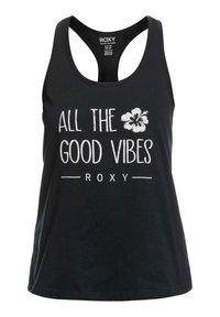 Czarny top na ramiączkach wykonany z bawełny, z okrągłym dekoltem i tyłem typu racerback. Na froncie biały nadruk z napisem "All the Good Vibes" oraz kwiatem.