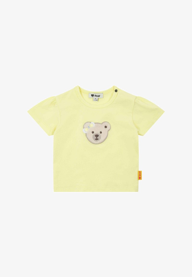 Geel katoenen T-shirt met korte pofmouwen, voorzien van een bärengezicht appliqué op de voorkant en een zijlabel met het merkembleem.