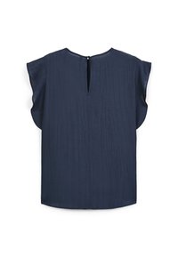 Blusa blu navy con maniche corte a toppa, caratterizzata da una finitura testurizzata e un'apertura a forma di chiave sul retro con una piccola chiusura a bottone.