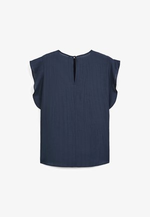 Top blu navy realizzato in materiale strutturato con maniche corte, scollo rotondo e apertura a goccia sul retro con chiusura a bottone.