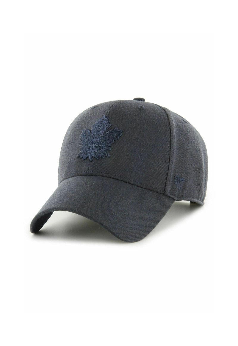 Navy blue cap made of fabric with an embossed maple leaf logo on the front; curved brim and adjustable strap at the back.