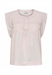 Jasnoróżowa bluzka z krótkim rękawem o okrągłym dekolcie, z fałdowanym wykończeniem i zakładką na guziki z przodu. Miękki materiał i luźny krój.