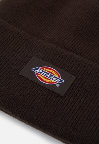 Brun strikket beanie-hat med ribbet tekstur og et rektangulært sort patch med et farverigt "Dickies" logo.