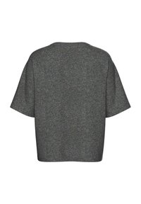 Maglione grigio lavorato a maglia, maniche corte, forma squadrata, scollatura a coste, tessuto testurizzato, colore solido con sottili variazioni di tonalità.