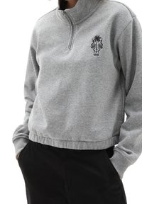 Gray fleece pullover with a quarter-zip collar, embroidered logo featuring palm trees and snakes, and elasticated hem and cuffs.