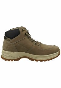 Braune Wildleder-Wanderstiefel mit einem erhöhten Kragen, Metallösen und beiger Gummisohle. Besitzt eine strukturierte Oberfläche und verstärkte Nähte.