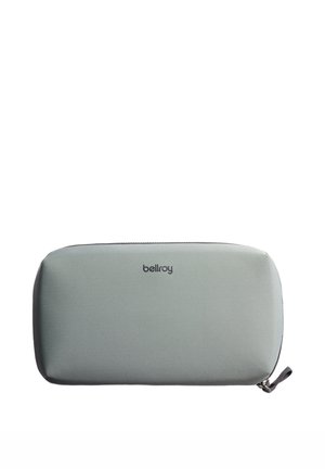 Portaoggetti verde menta con cerniera, realizzato in tessuto testurizzato, con un logo sulla parte anteriore, angoli arrotondati e un passante laterale per un trasporto facile.