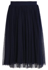 Gonna in tulle blu navy con vita arricciata e motivo a pois. Presenta un design stratificato e una texture leggera e fluente.