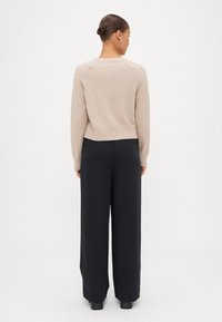 Bež pleten pulover z dolgimi rokavi, rebrastim robom in teksturirano končno obdelavo, v kombinaciji s črnimi širokimi hlačami. Enobarvna ozadje.