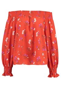 Červená off-the-shoulder blůza s květinovým vzorem, smockovaný výstřih a dlouhé rukávy s nařasenými volány. Lehká, splývavá tkanina.