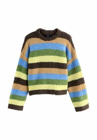 Mønstret sweater med striber i flere farver og rund halsudskæring, der indeholder nuancer af brun, blå, grøn, gul og blødt tekstureret stof.