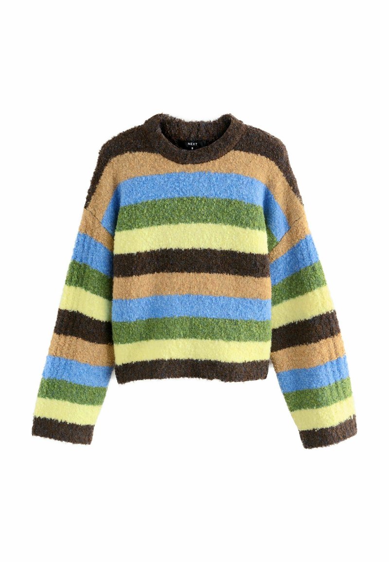 Mønstret sweater med striber i flere farver og rund halsudskæring, der indeholder nuancer af brun, blå, grøn, gul og blødt tekstureret stof.