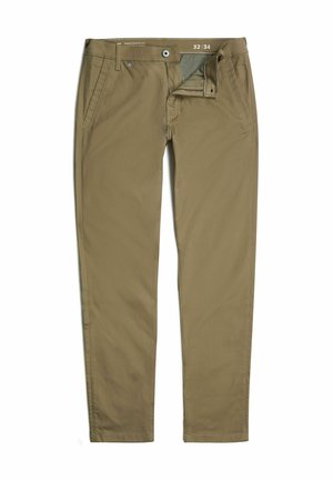Pantalons kaki avec une coupe droite, dotés d'une fermeture éclair et d'un bouton, de poches avant et d'un devant plat. Taille 32/34.