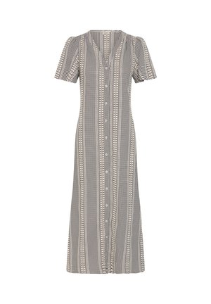 Abito midi con bottoni sul davanti, maniche corte a sbuffo e scollo a v, con righe verticali e motivo a quadretti piccoli in beige e nero.