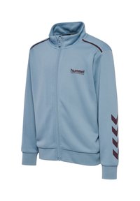 Jasnoniebieska kurtka na zamek, uszyta z miękkiego materiału, z wysokim kołnierzem i bordowym logo marki. Ozdobiona wzorami w zygzak na rękawach.