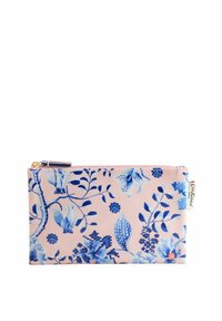 Gėlėta kišenė švelnios rožinės spalvos audinyje, su mėlynais botaninių raštų akcentais, užtrauktuko uždarymu ir auksinės spalvos užtrauktuko priedais. Kompaktiškas ir patvarus dizainas.