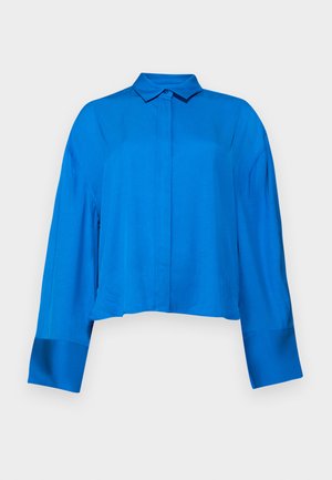 Krótkotali dzianinowa bluzka w jasnoniebieskim kolorze z kołnierzykiem, z przodu na guziki i długimi rękawami. Gładka tekstura i luźny krój.