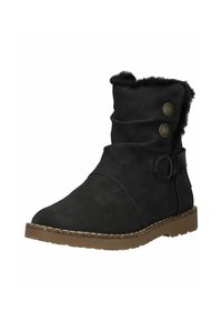 Botas de tobillo de ante negro con un puño doblado, dos botones decorativos y una suela de cuero cosida en tono marrón. Forro suave con un acento de hebilla.
