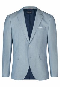 Helles blaues Blazer aus strukturiertem Stoff, mit Reverskragen, zwei vorderen Taschen und einem einzelnen Knopfverschluss. Gefüttert mit dunklem Stoff.