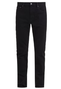 Jeans in denim nero con una vestibilità slim. Presentano una chiusura con bottone, passanti per la cintura, cinque tasche e una leggera texture sulla superficie del tessuto.