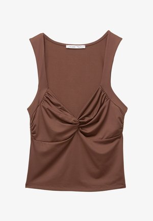 Brown sleeveless top made of stretchy fabric, featuring a twisted front detail, gathered side accents, and a rounded neckline.